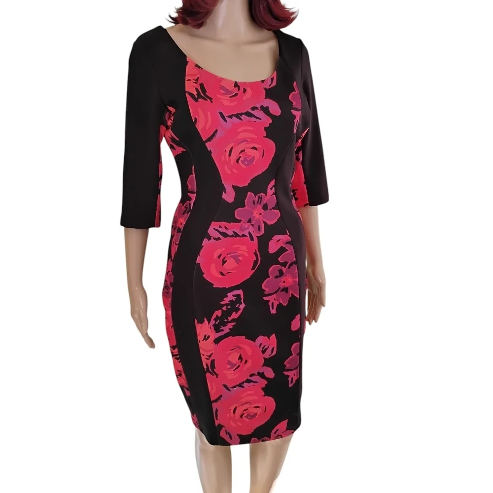 Signature By Sangria Floral Black and Pink Scuba Dress Size 8 - Picture 7 of 13